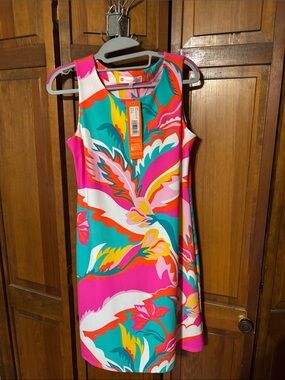 Bright Tropical Print Shift Dress - Pink, Teal, White